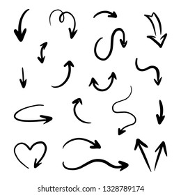 Set, collection of black hand drawn, doodle arrows isolated on white background.