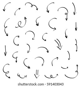 Set, collection of black hand-drawn arrows isolated on white background.