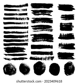 Set, collection of black lines and grunge elements. Brush stroke set isolated on white background. Collection of brush stroke for black ink paint, grunge backdrop, dirt banner, watercolor design