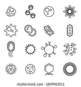 Colección Esquema negro Símbolos de íconos de garabatos Señales de bacterias Microbios Virus Elementos Vector Estilo de diseño Coronavirus