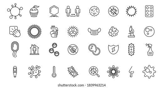Colección Esquema negro Símbolos de íconos de garabatos Señales de bacterias Microbios Virus Elementos Vector Estilo de diseño Coronavirus