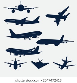 A set or collection of black planes drawings on a beige background.A group or collection of aircrafts ideal for grungy,travel,flight,transport,business or commercial designs isolated on white