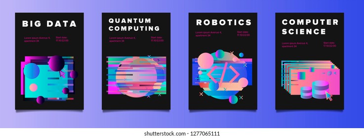 Set/ collection of black posters for Computer Science subject. Abstract glitched neon holographic shapes. Cyberpunk futuristic style.