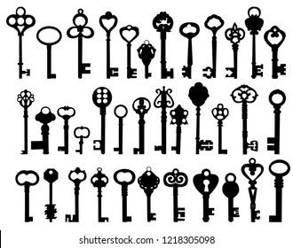 set, collection, black silhouette of vintage keys