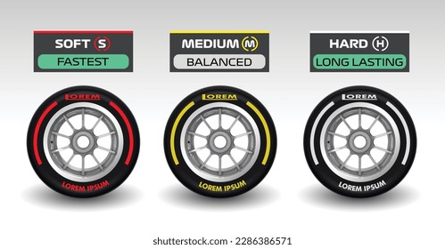 set collection black wheel red yellow white line compounds type soft tyre hard medium soft compound rubber logo symbol icon vector template strategy team principal isolated background