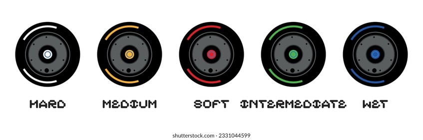 Set collection black wheel red, yellow, white. Diferent type soft, hard, medium, intermediate, wet tire logo symbol icon vector template strategy team principal isolated on background