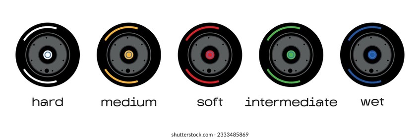 Set collection black wheel red, yellow, white. Diferent type soft, hard, medium, intermediate, wet tire logo symbol icon vector template strategy team principal isolated on background