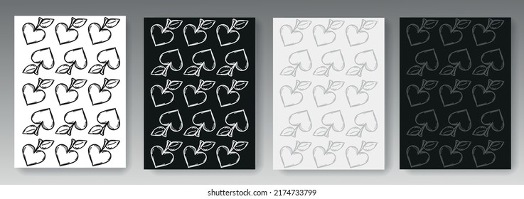 Colección de fondo blanco y negro dibujado con elementos de manzanas de corazones