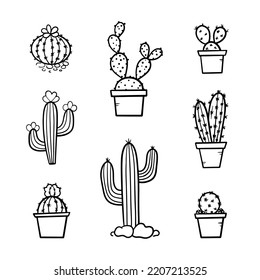 Set, collection of black and white doodle cactus, cacti, succulents icons.