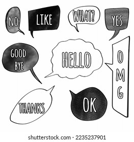 Set collection black and white hand drawn doodle speech bubbles of no, like, what, yes, good bye, ok, OMG. Vector design illustration 