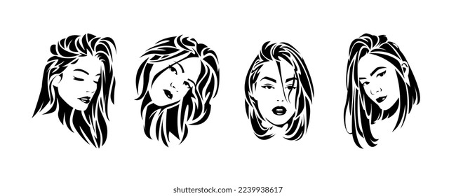 colección de retratos de arte pop en blanco y negro de hermosas caras de mujeres con diferentes estilos de cabello y expresiones. pelo abstracto. monocromo. fondo blanco. ilustración vectorial.