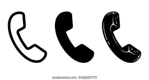 Set Collection of Black and White Telephone Icons with Line Art, Silhouette, and Flat Styles, Editable Scalable Vector Illustration for Signs, Stickers, and Templates Isolated on White