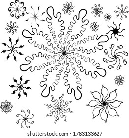 set collection of black and white vector image of snowflakes