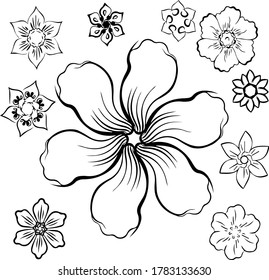 set collection of black and white vector image of snowflakes