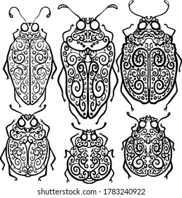 set collection of black and white vector image of insects