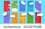 Set collection blank comic cartoon background template for social media story or stories banner in multicolor background, halftone, sun rays effect and bubble text. Vector illustration