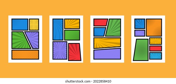 Set collection blank comic cartoon page layout cover book in multicolor background and different halftone, sun rays effect. Vector illustration
