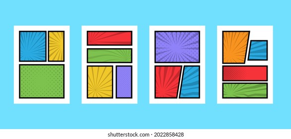Colocar la caricatura de diseño de página de dibujos animados en blanco en un fondo multicolor y en un efecto de medio tono y rayos solares diferentes. Ilustración del vector