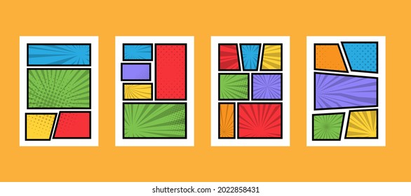 Set collection blank comic cartoon page layout cover book in multicolor background and different halftone, sun rays effect. Vector illustration
