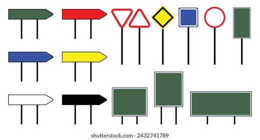 Set collection blank street traffic and road signs pole different colors and shapes isolated white background, highway route symbol signposts road for web mobile illustration.