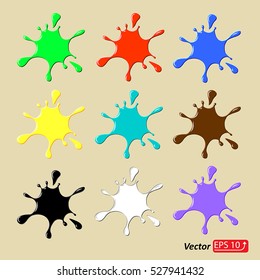 Set, collection of blots, drops and stains, splash Vector set of blots, splash  liquid and smudges. Colorful Paint Splatters. Hand Drawn Splashes, isolated on yellow background vector illustration