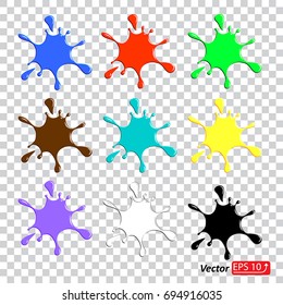  Set, collection of blots, drops and stains, splash  liquid and smudges. Colorful Paint Splatters. Hand Drawn Splashes flat style, isolated on transparent background vector illustration