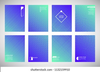 Set, collection of blue and green flat geometric gradient backgrounds with ornamental texture, pattern. Concentric circles, dynamic diagonal stripes, wavy streaks or waves. Flyer, business folder idea