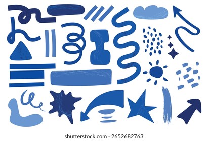 Set collection of blue grunge doodles abstract modern minimalist hand drawn shapes, curls, forms and doodle.
