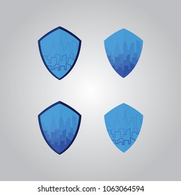 set or collection of blue shield building, city and construction logo with light light and shadow. can use for city and real estate logo. can use for business object design.
