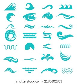 Set, collection of blue water, aqua, ocean, wave icons, signs, logos. Water liquid curve designs elements. Vector illustration. Blue swirl signs, symbols for your design