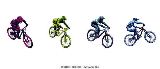 set collection of bmx rider, downhill, cyclist silhouettes. monochrome color. concept of sport, extreme, race, vehicle. for sticker, print, etc. hand drawn vector illustration.