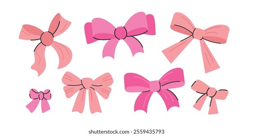 Set collection of bows, gift ribbons. Bowknots in hand-drawn styles pink colours. Hair accessory. Bow knots for Valentines Day gift wrapping