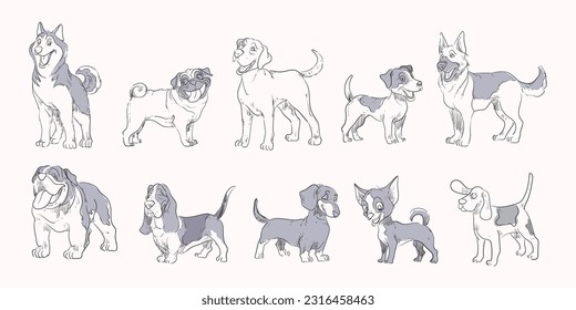 Set collection of breeds dog hand drawing icon character vector illustration. Beagle,boxer,bulldog, husky puppy isolated on white background.