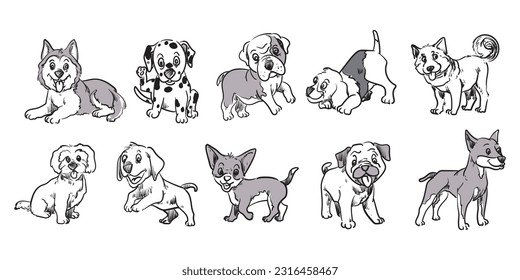 Set collection of breeds dog hand drawing icon character vector illustration. Beagle,boxer,bulldog, husky puppy isolated on white background.