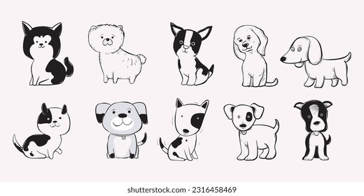 Set collection of breeds dog hand drawing icon character vector illustration. Beagle,boxer,bulldog, husky puppy isolated on white background.