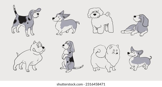 Set collection of breeds dog hand drawing icon character vector illustration. Beagle,boxer,bulldog, husky puppy isolated on white background.