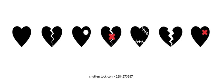 Set, collection of broken hearts. Heart icons with stitches, bandages, broken pieces.
