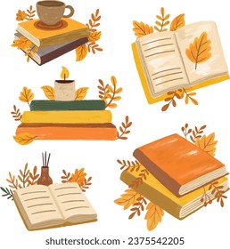 Set Collection Brush Watercolor Cozy Book Autumn Fall Leaf vector Illustration