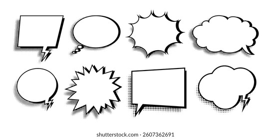 Set collection of bubble speech with halftone effect. Balloon dialogue, comic concept.