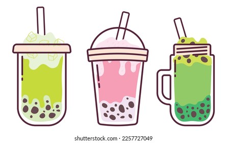 Set Collection of Bubble Tea Illustration. Boba tea for cute design 