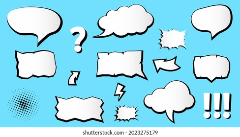 Set collection of bubble text message in comic cartoon style. Cloud, explosion, abstract zigzag vintage retro style with question, exclamation mark, thunderbolt and arrow. Vector illustration