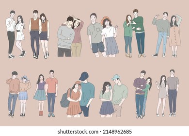 Set Collection Bundle Cute Couple Happy Love Together Boyfriend and Girlfriend Women Men Girl Pastel Color Fashion Clipart Doodle Line Art illustration