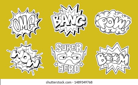 Set collection bundle of emotions comics style explosion lettering: OMG, BOOM, BANG, POW, WOW Cartoon doodle illustration for print design typography t-shirt clothes tee poster badge sticker pin patch