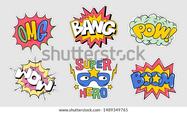 Set collection bundle of emotions comics style\
explosion lettering: OMG, BOOM, BANG, POW, WOW Cartoon doodle\
illustration for print design typography t-shirt clothes tee poster\
badge sticker pin patch