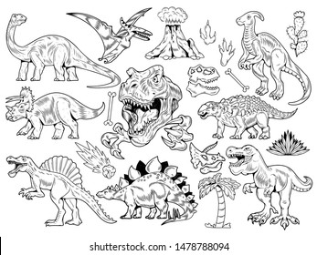 Set collection bundle of engraving dinosaurs. Cartoon monochrome illustration drawing ink line art vector school education. Isolated white background for print design t shirt clothes sticker poster.