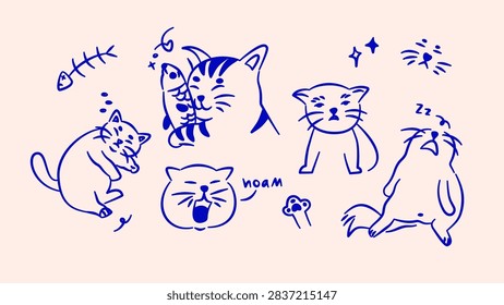 Set Collection Bundle Hand Drawn Illustration of Sleepy Cute Cate. Editable Vector Brush Line Art Icon Symbol Logo for Cafe, Sticker, Journal.