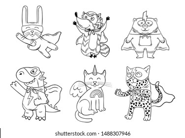 Set collection bundle Superhero super cute funny animals in mask and cloak with super power. Cartoon doodle illustration for print design coloring t-shirt clothes tee poster badge sticker pin patch.