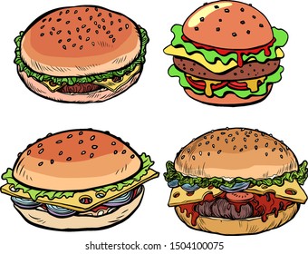 set collection Burger hamburger cheeseburger. Pop art retro vector illustration drawing