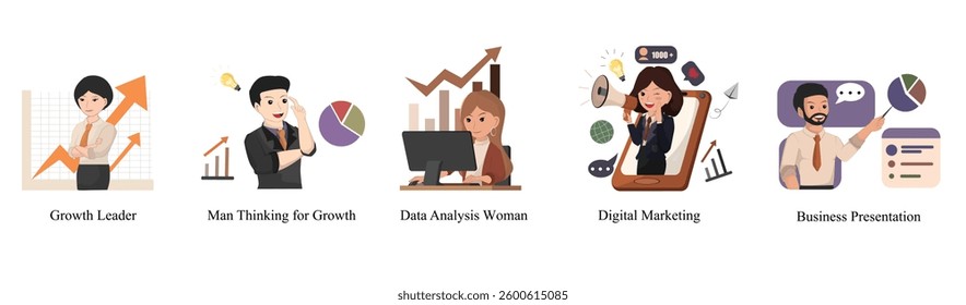Set Collection of Business. Modern Business Development: A Visual Representation of Growth, Strategy, and Data-Driven Decision Making