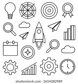 Conjunto Coleção de ícones de negócios e tecnologia em um estilo de desenho de linha simples